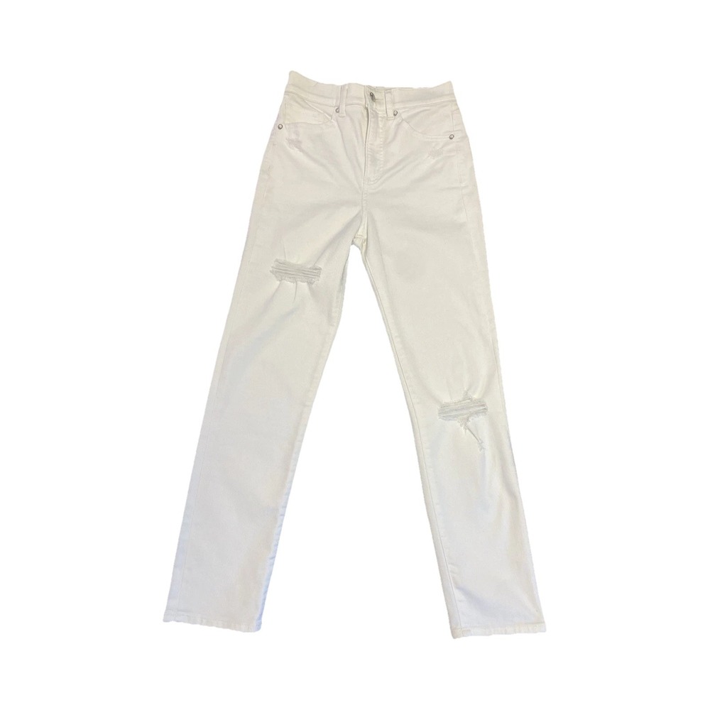 Express White Distressed Slim Straight Jeans Women's Size 00R Mid Rise Stretch‎